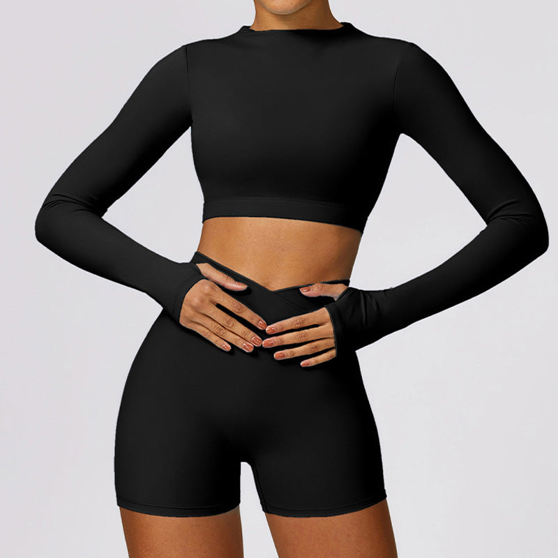 Quick-Dry long sleeve sports crop top + High waist shorts 2-pieces set