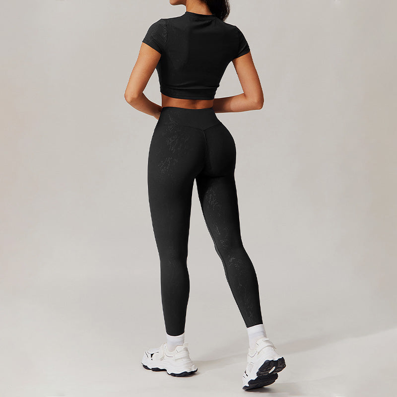 stand-up collar crop top + High-waisted leggings 2-piece set