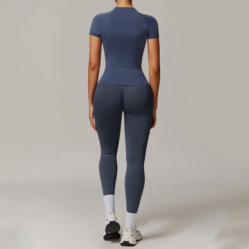 Threaded seamless short sleeve top+ tight leggings 2 pieces set