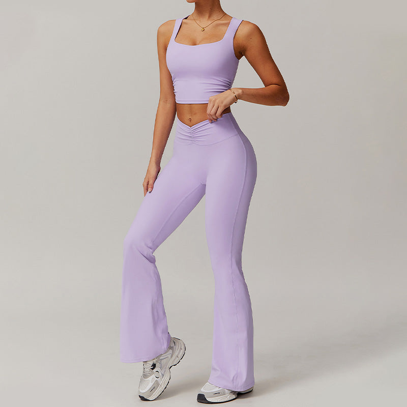 Breathable tight back tank tops+High-waisted hip-lifting bell-bottom leggings 2 pieces set