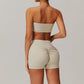 Nude tube top with sports bra+Solid High-waist shorts 2 pieces set