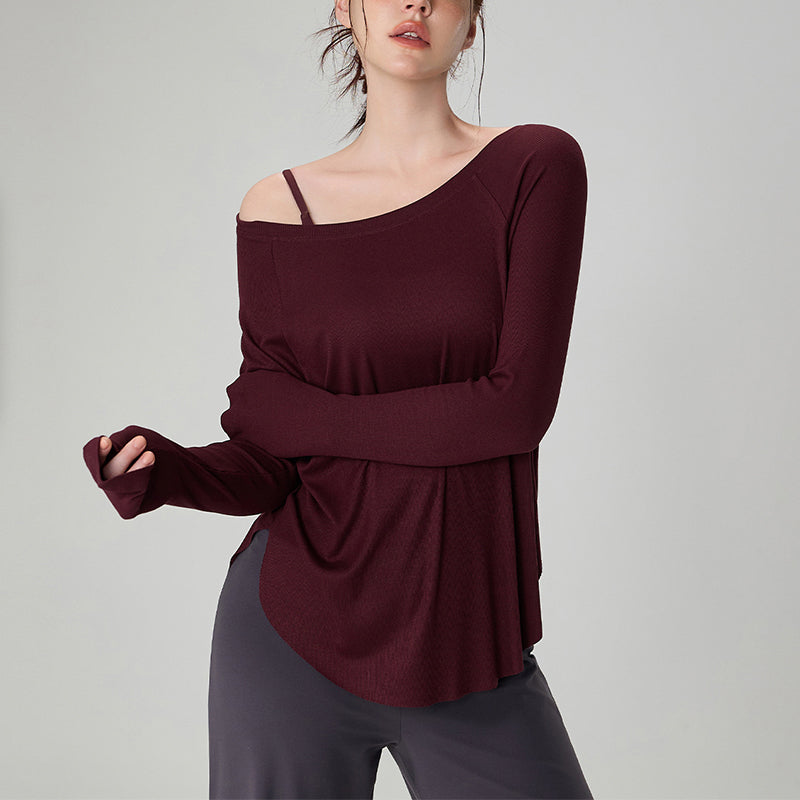 New Modal Nude Loose Off-Shoulder Yoga Top