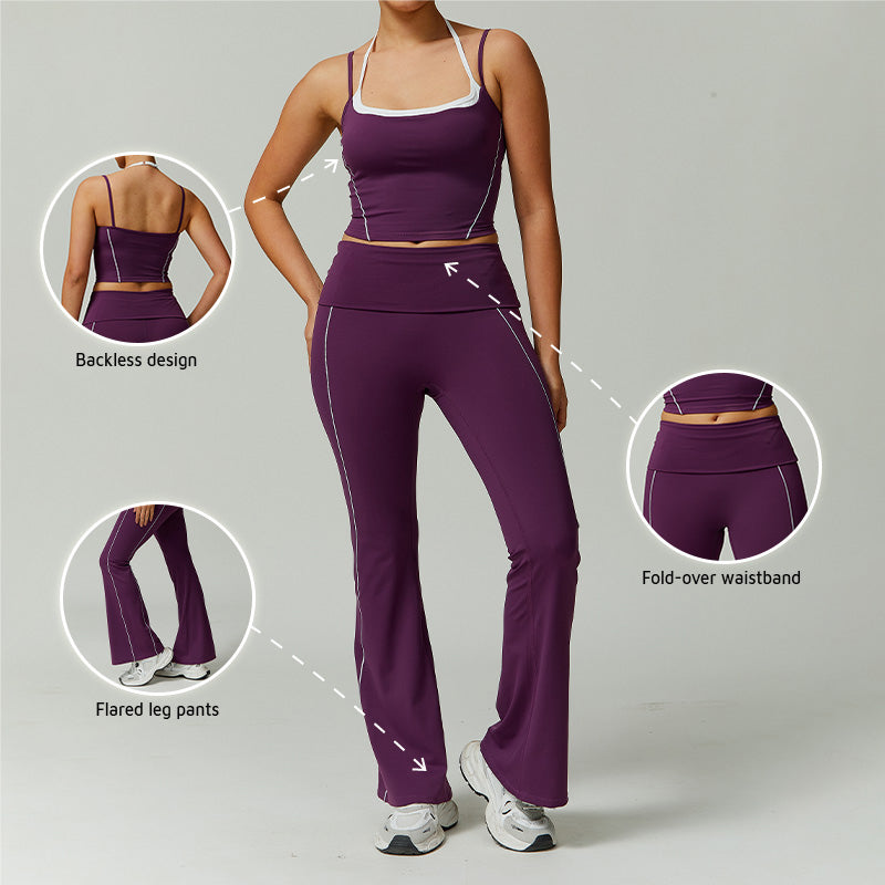 Fake two-piece halter neck beautiful back yoga vest top+ slimming flared pants SET