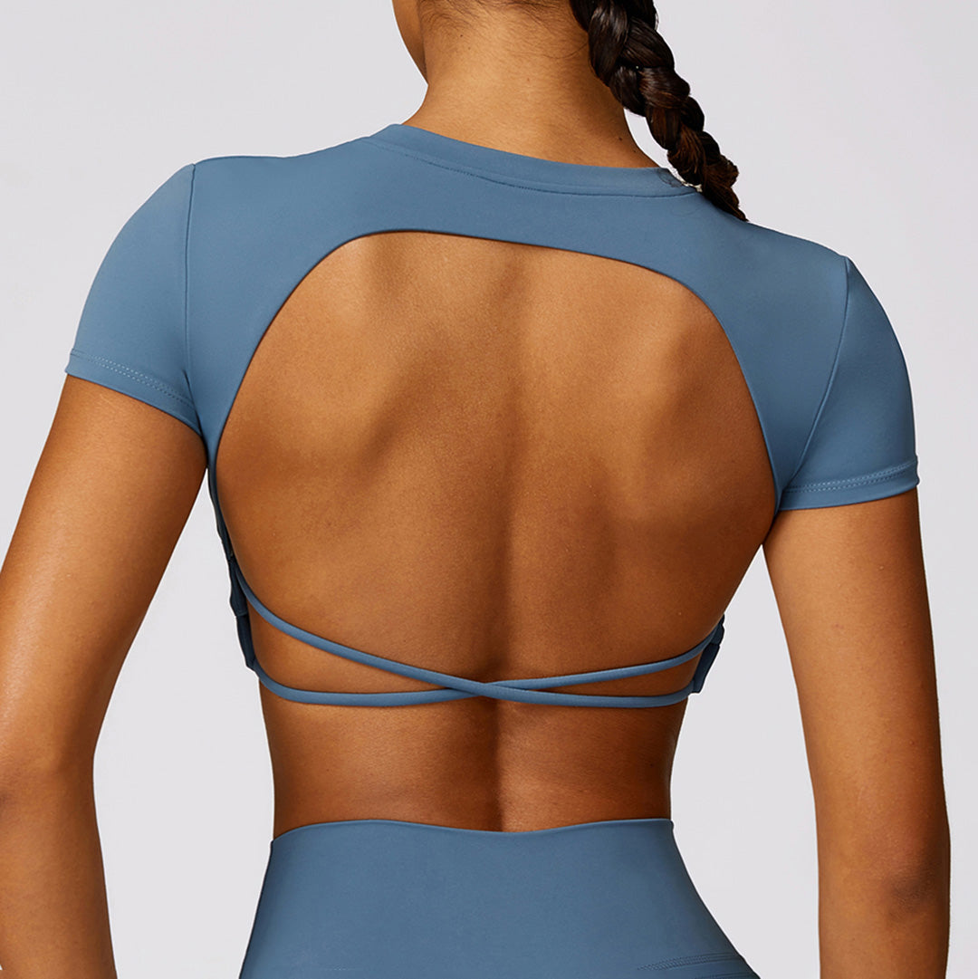 Cross Backless Short Sleeve Sports Crop Top