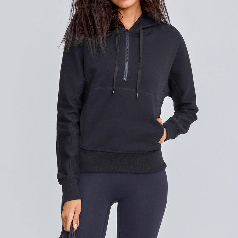 Casual Half Zip Drawstring Sports Hooded Jacket