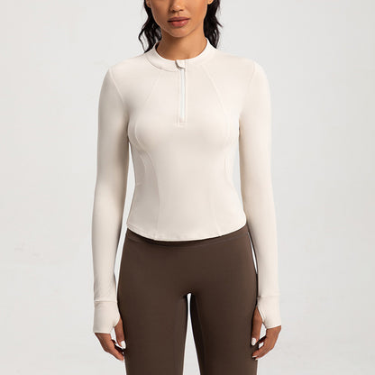 Sliming Stand Collar Long Sleeve Half Zipper Yoga Top