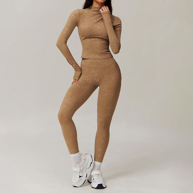 Long sleeve and stand-up collar top + High-waisted leggings 2-piece set