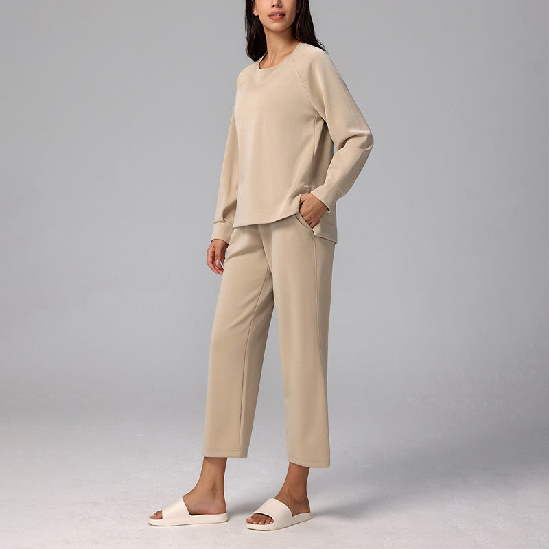 Modal Round Neck Casual Sports Long Sleeves + High Waist Cropped Straight Pants Set