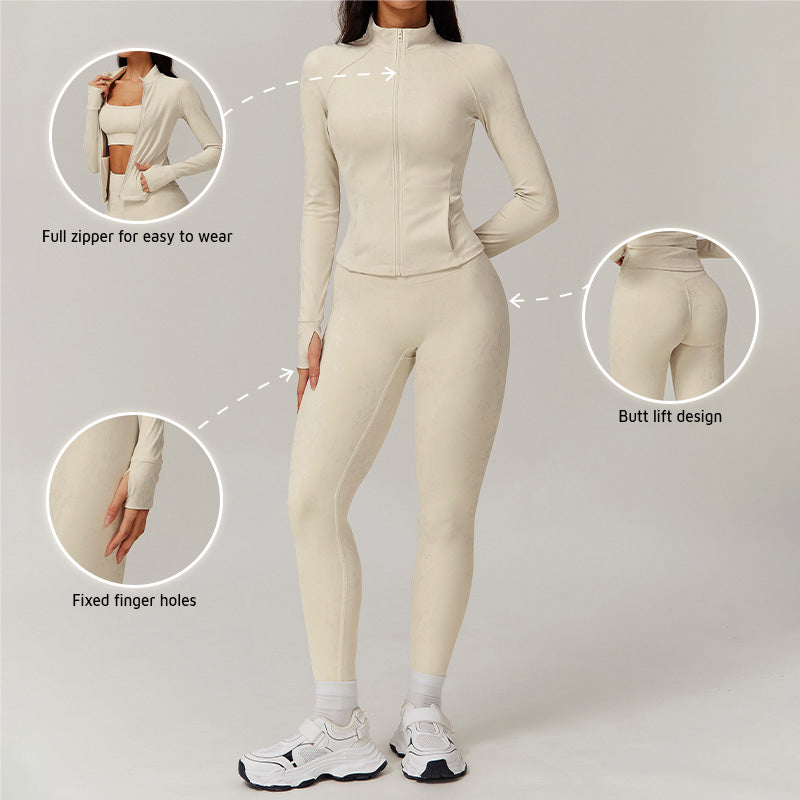 gold stamping Long Sleeve Fitness jacket + High waist leggings 2-piece set