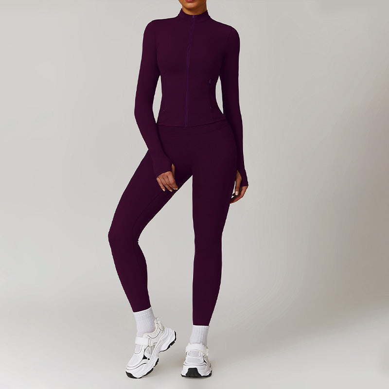 Long Sleeve Full Zipper Fitness jacket + High waist leggings 2-piece set