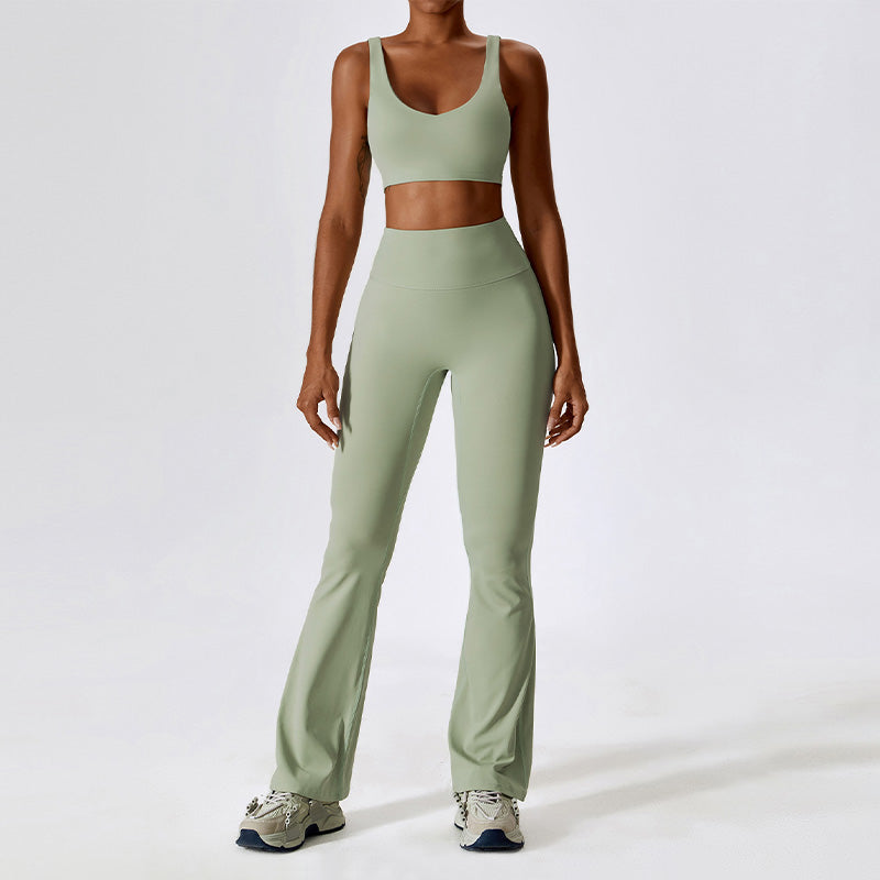 Solid color fitness yoga bra + flared leg pants two-piece set