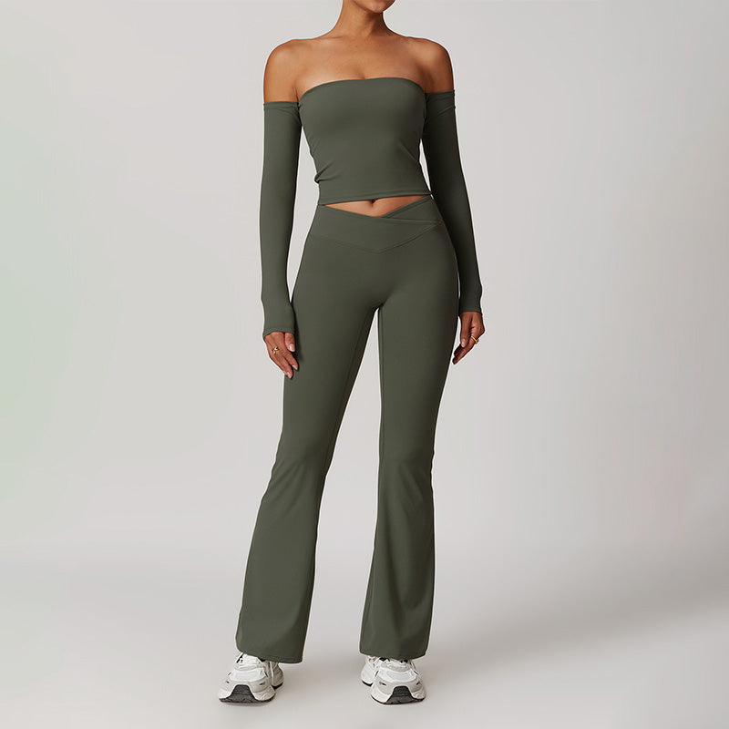 Brushed Off Shulder Long Sleeve Tube Top & High-Waist Flared Leg Pants Sets