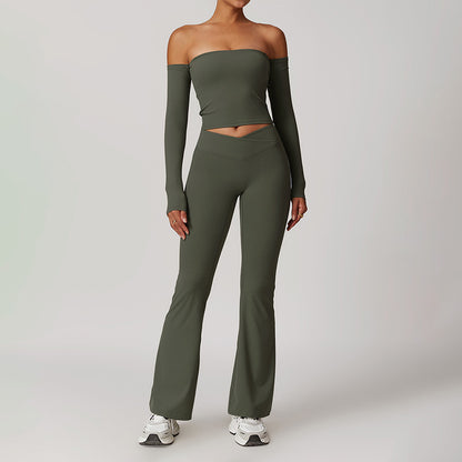 Brushed Off Shulder Long Sleeve Tube Top & High-Waist Flared Leg Pants Sets