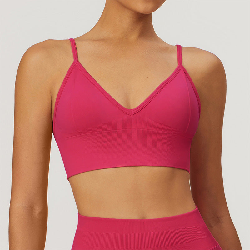 Seamless V Neck Quick-Dry Thin Straps Sports Bra