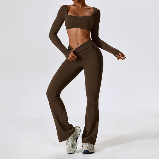 Solid color yoga fitness long sleeve + flared leg pants two-piece set