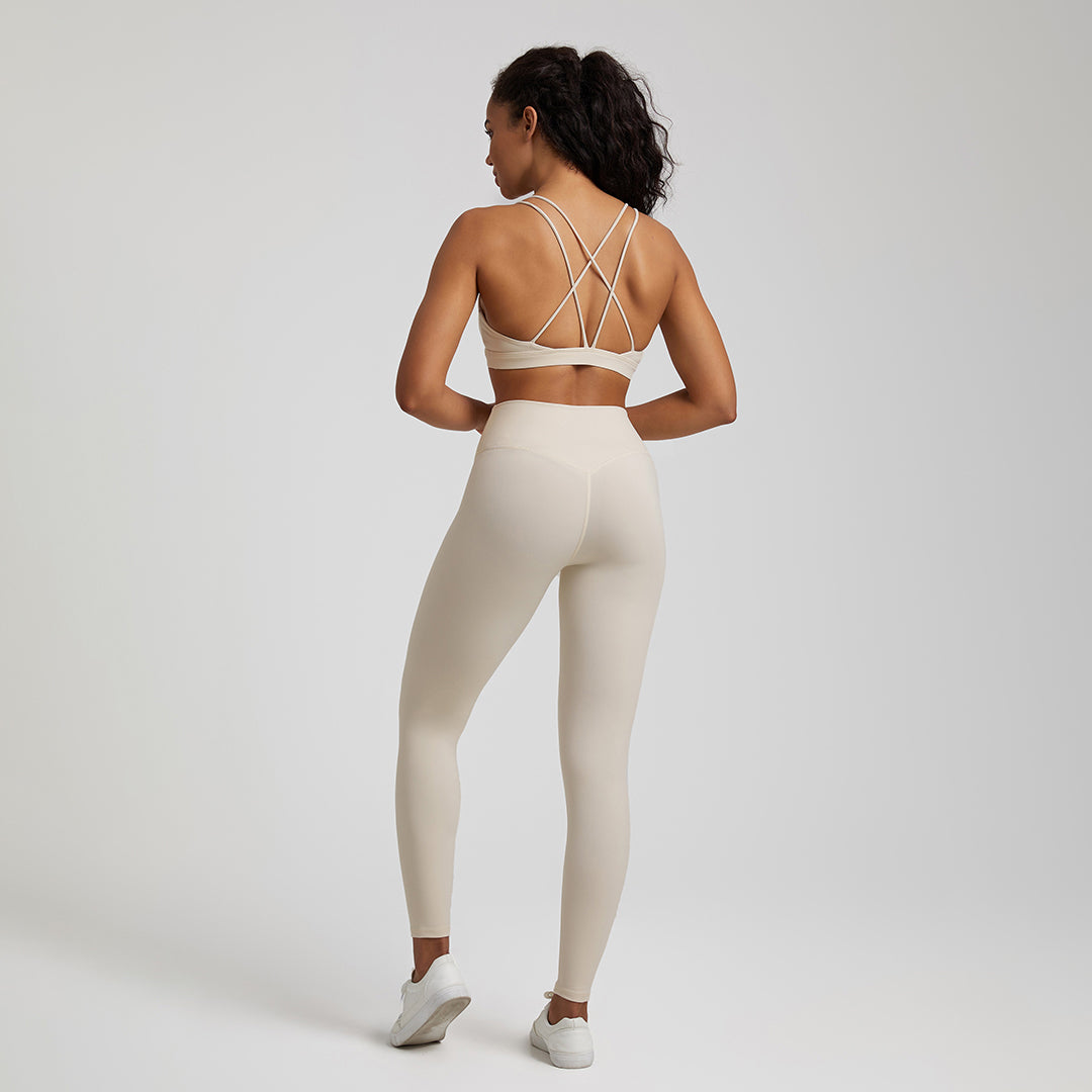 high elastic back cross over bra+sports leggings 2-piece set