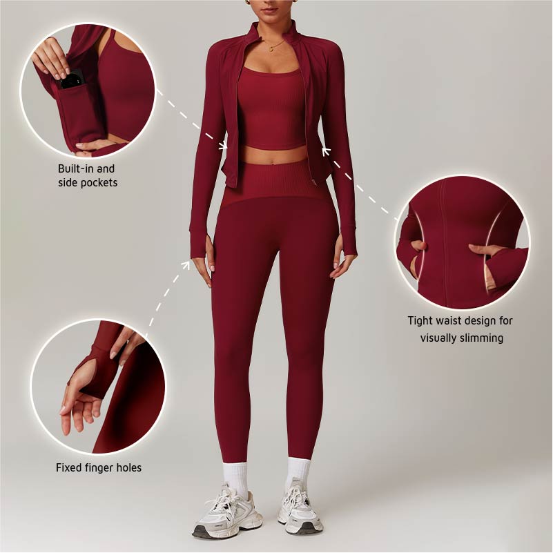 Long Sleeve Full Zipper Fitness Top + High waist leggings 2-pieces set