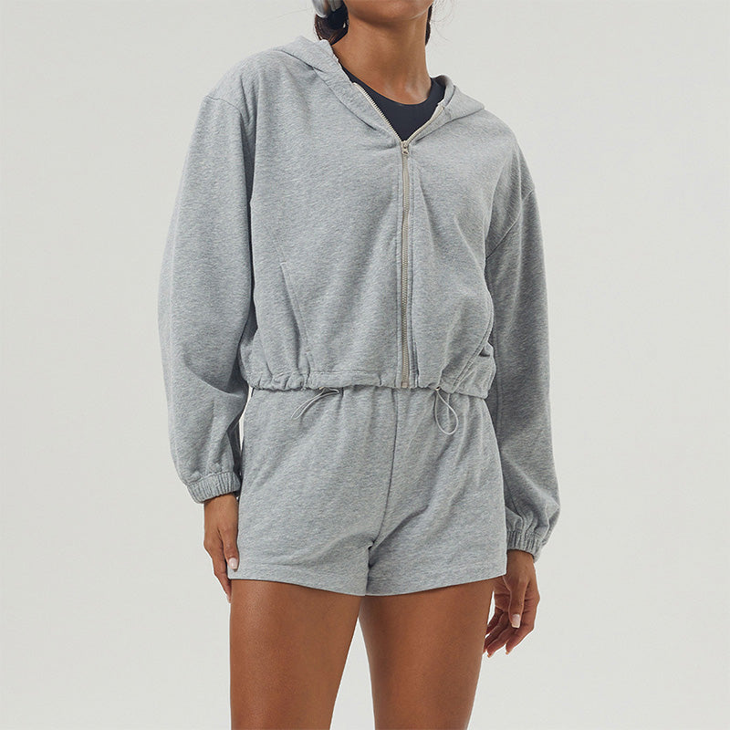 Fitness Loose Zipper Hooded Long Sleeve Sweatshirt + Shorts Set