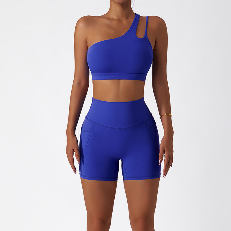 Quick-dry one shoulder sports bra + High waist shorts 2-piece set