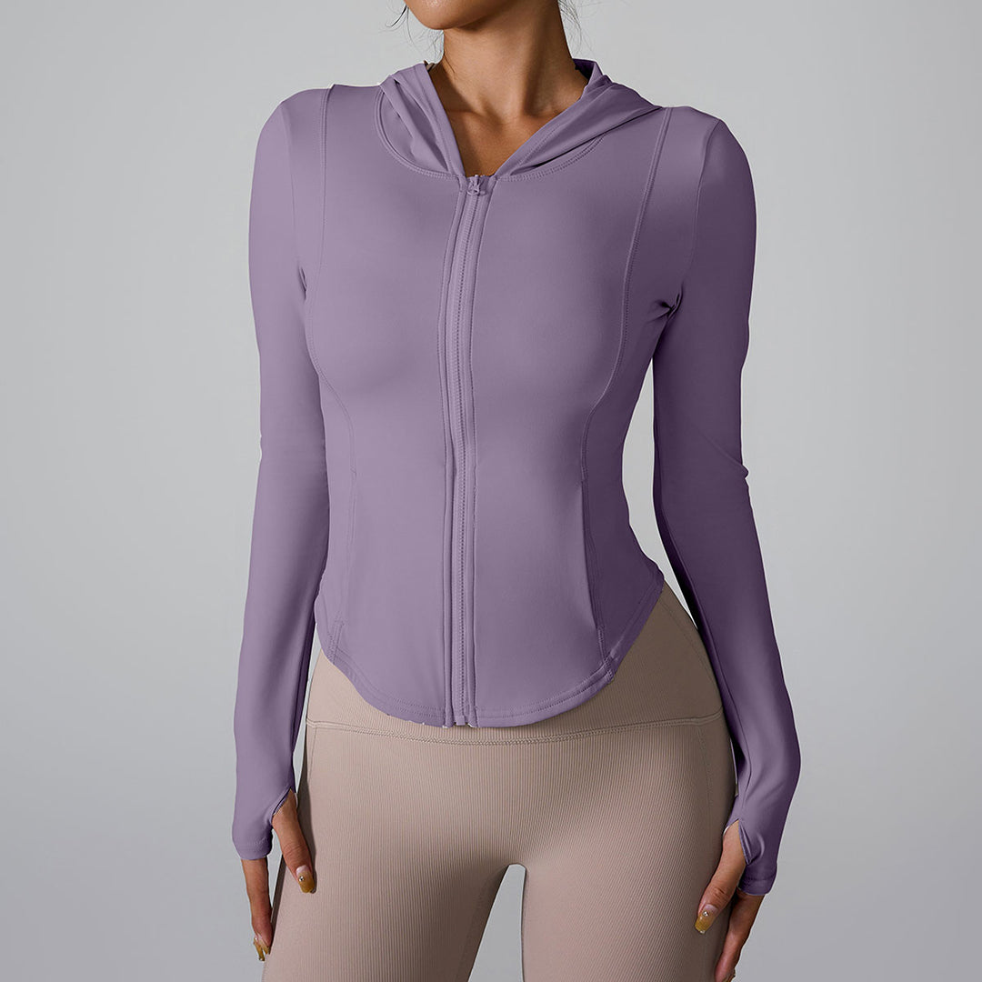 Long sleeved zippered hooded sports top