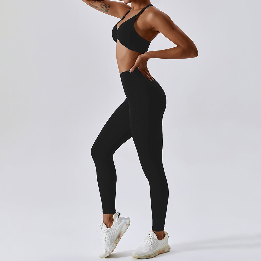 Solid bottom crossover bra + leggings 2-piece set