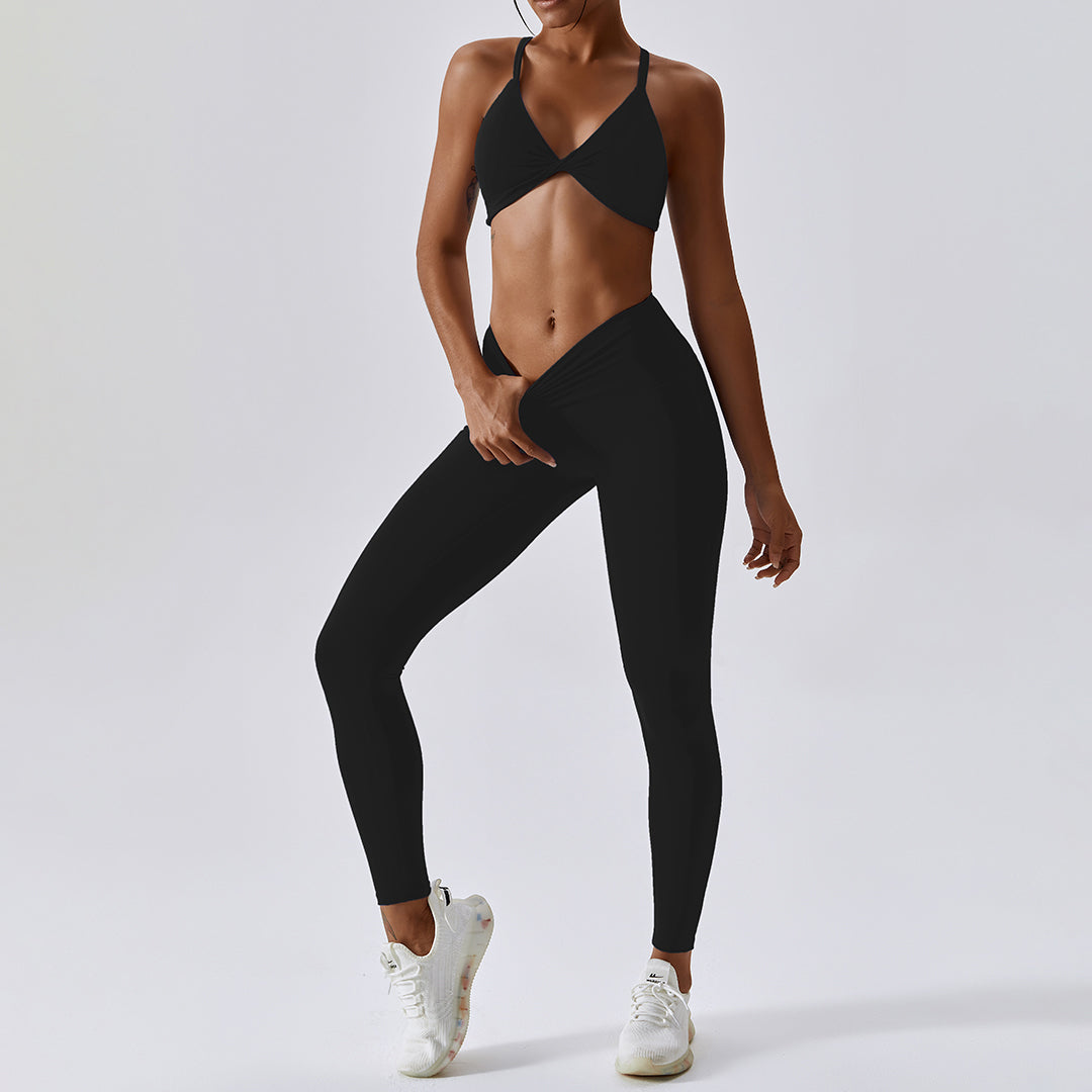 Solid bottom crossover bra + leggings 2-piece set