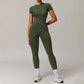 Threaded seamless short sleeve top+ tight leggings 2 pieces set