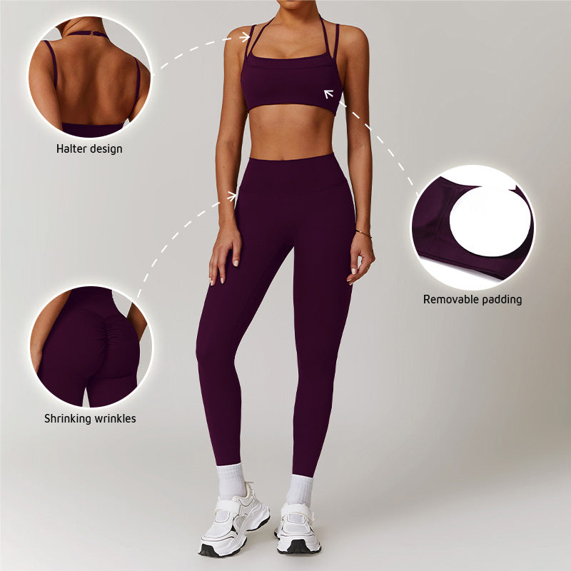 Quick-Dry halter double straps sports Bra + High-waist leggings 2-piece set