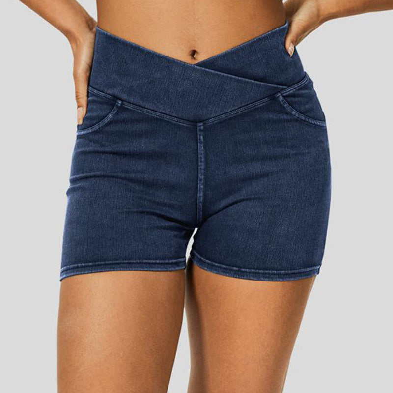 High Waist Cross Denim Yoga Sports Shorts