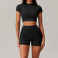 stand-up collar crop top + High-waisted shorts 2-piece set