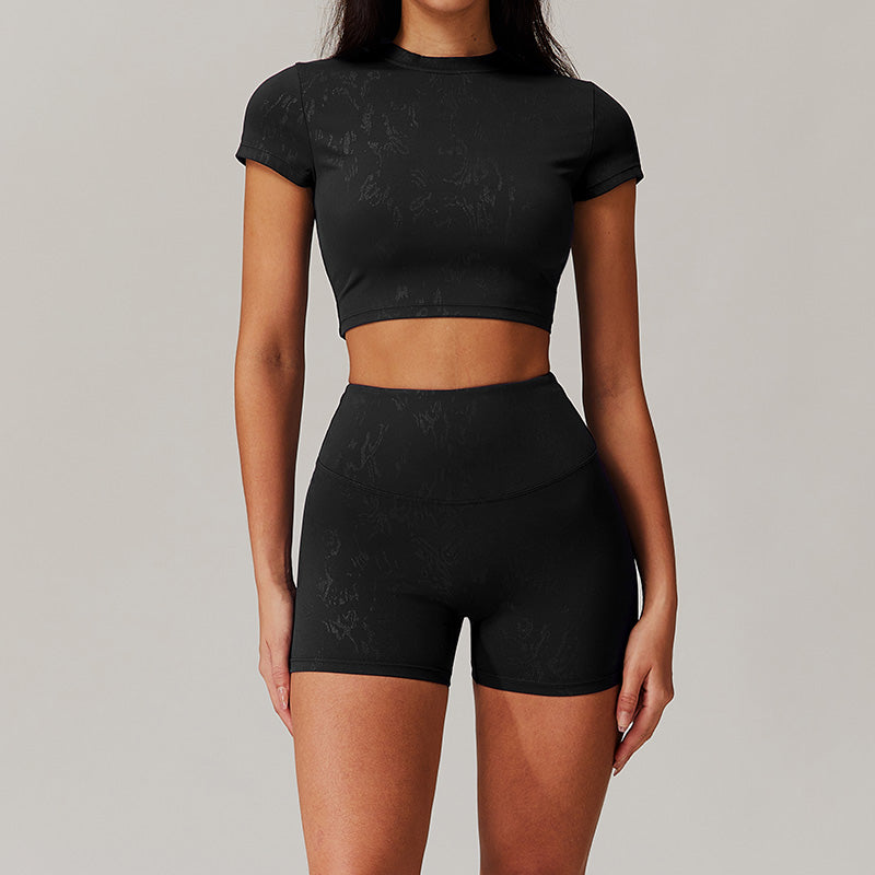 stand-up collar crop top + High-waisted shorts 2-piece set