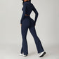 Breathable Solid Color Half Zipper Sports Long Sleeve + Flared Leg Pants 2-piece Set