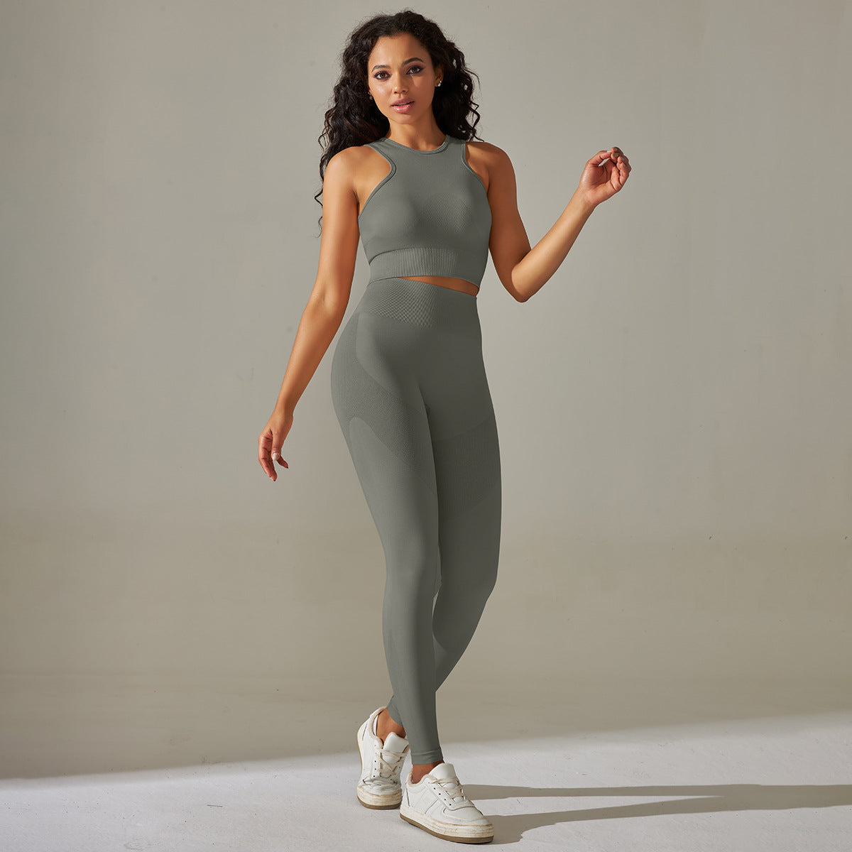 Ensemble 2 pièces haut et leggings de sport en fil sans couture de couleur unie