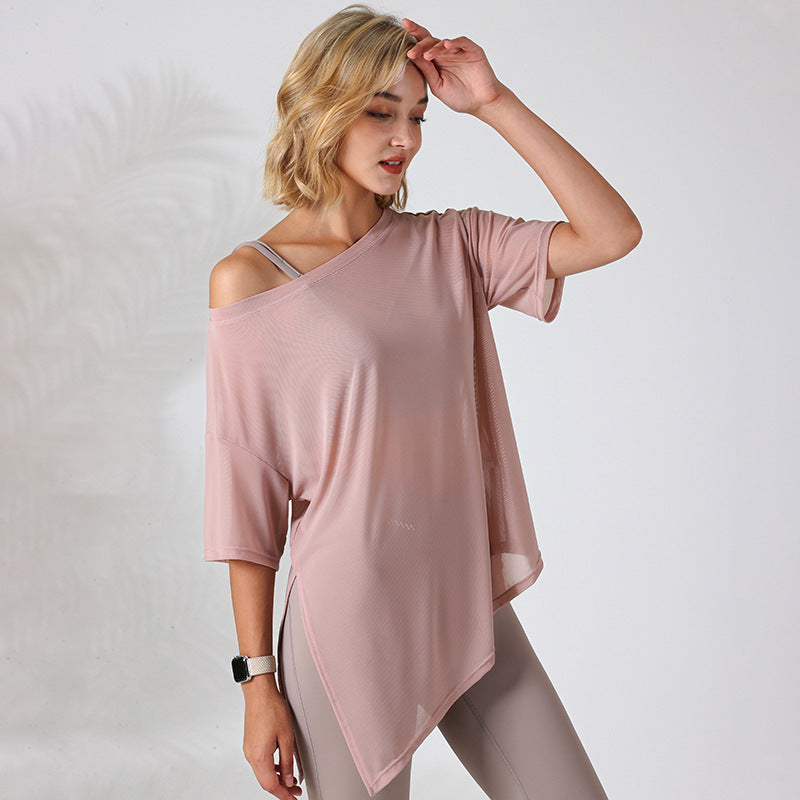 Solid color one-shoulder sports T-shirt