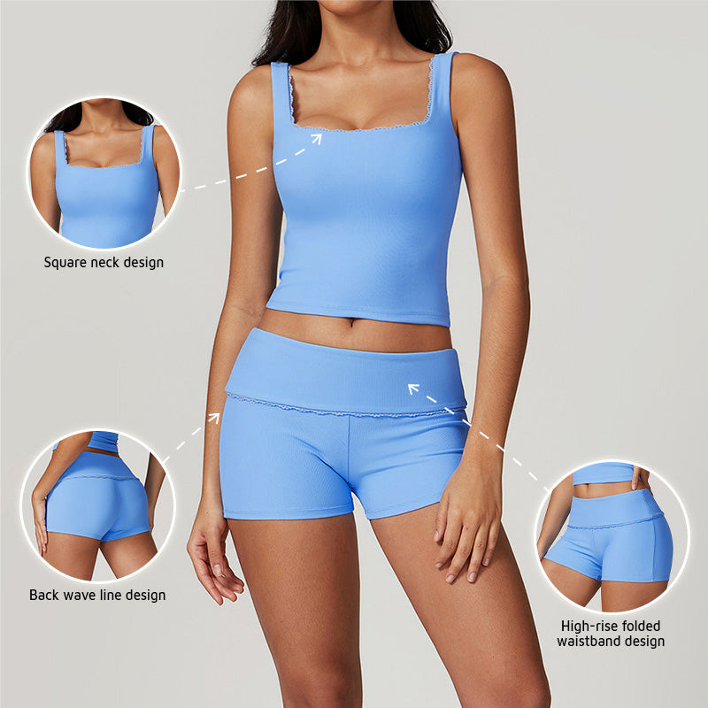 Lace-trimmed beauty back sports vest + shorts 2-piece set