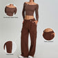 off shoulder long sleeve sports top + Straight Leg Cargo pants 2-piece set