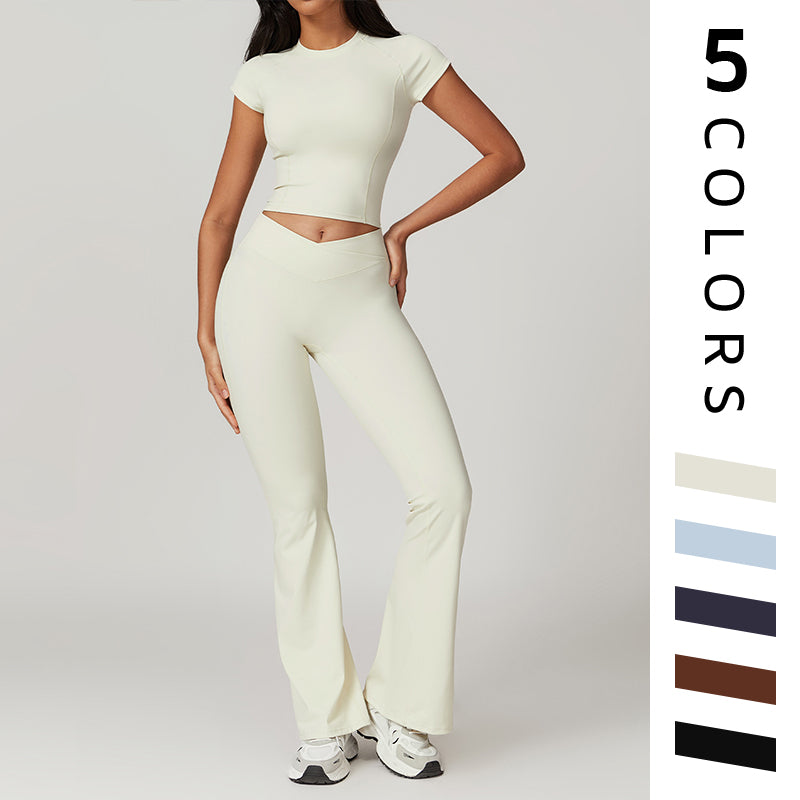 Ultra-Soft Quick-Dry Short Sleeve Top & High Waist Sports Flare Pants Sets