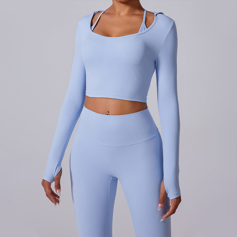 long sleeve hooded sports top + high waist leggings 2-piece set