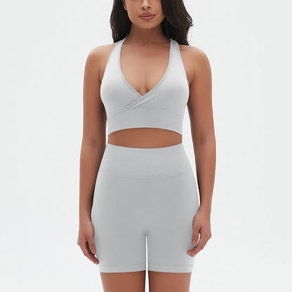 Seamless Cross V Neck Sports Bra + High-Waisted Shorts Set