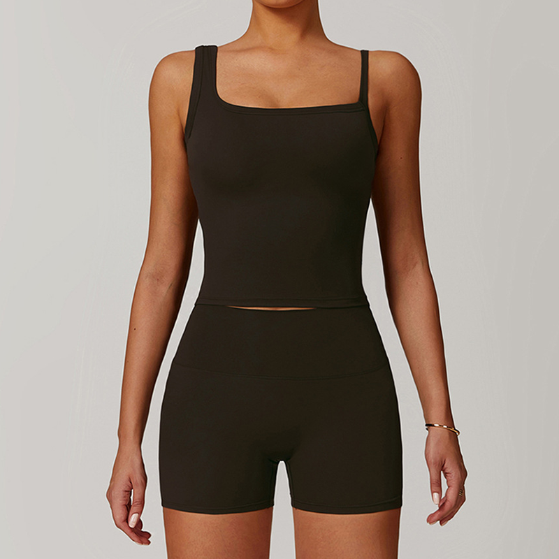 Brushed Asymmetric straps sports tank top + High-waist shorts 2-piece set