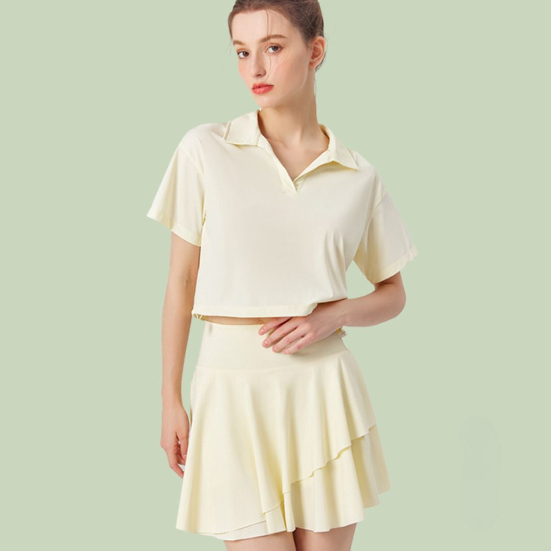 Solid color lapel sport short sleeve top & short skirt 2-piece set