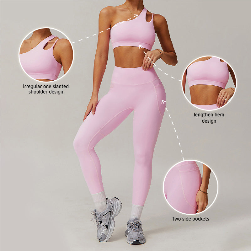 Quick-dry one shoulder sports bra + High waist leggings 2 pieces set