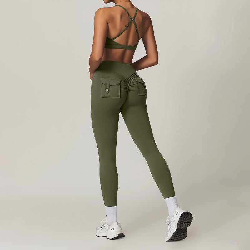 Ultra-Soft Cross-Back Gym Bra + Cargo Pocket Leggings-2 Pieces Set