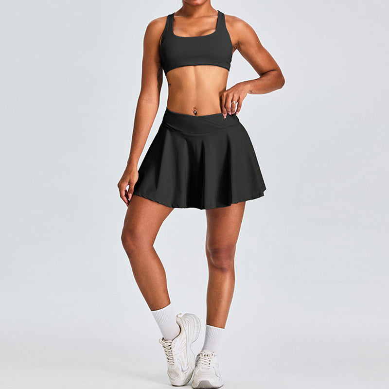 Breathable Cross Back Sports Bra + Pleated Tennis Skirt 2-Piece Set