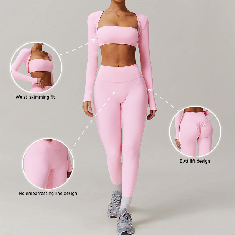 Solid elastic bra+long sleeve top+hip-lifting leggings 3 pieces set