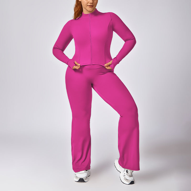 Plus Size Quick Dry Zip-up Sports Long Sleeve + Flared Leg Pant 2-piece set