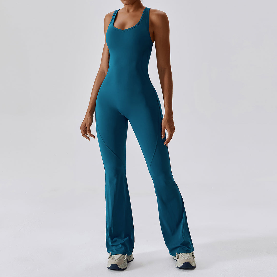 Solid flared trousers cutout back jumpsuit