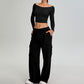 off shoulder long sleeve sports top + Straight Leg Cargo pants 2-piece set