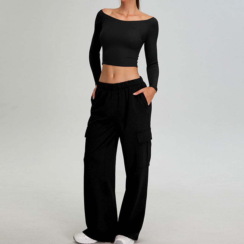 off shoulder long sleeve sports top + Straight Leg Cargo pants 2-piece set