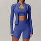 stand collar Full Zipper Fitness jacket + High waist shorts 2 piece set